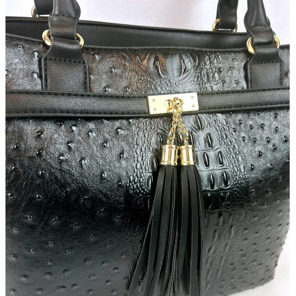 Black faux Ostrich/Croc Embossed Satchel Handbag w/ Tassel &‎ Matching Pouch Set